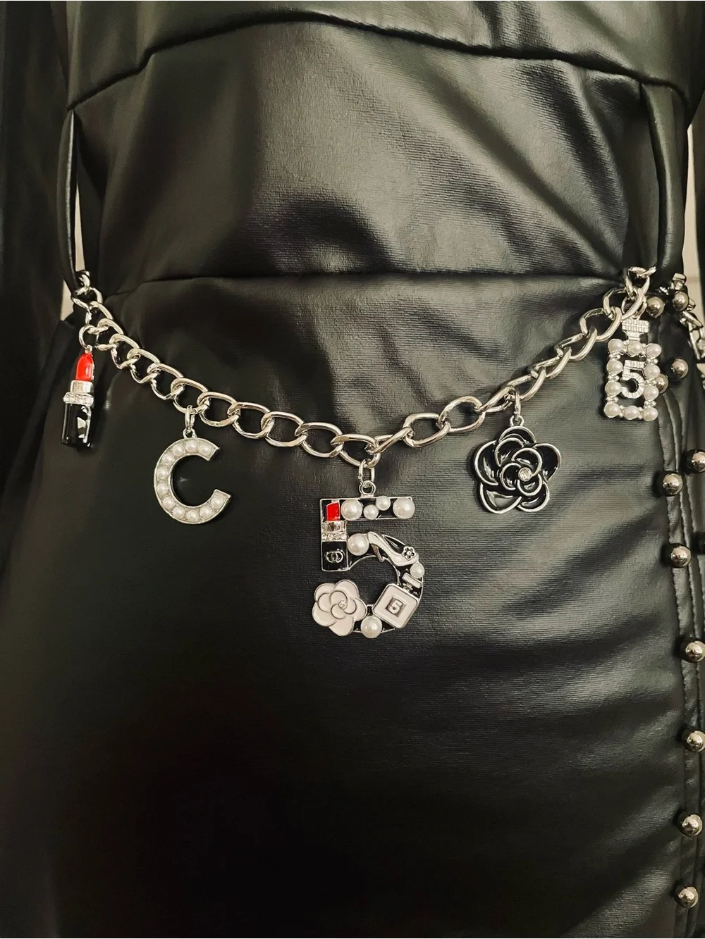Black Crystal Charm Chain Belt for Women